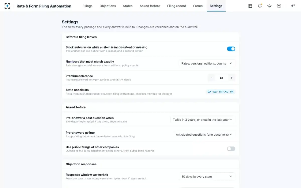 Rate & Form Filing Automation — Your filing rules