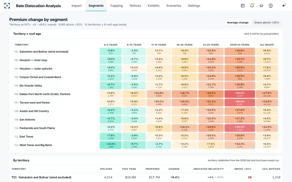 Rate Dislocation Analysis — Premium change by segment