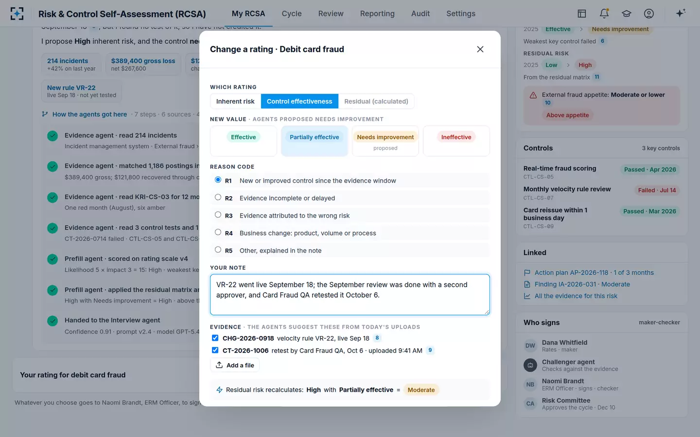 Risk & Control Self-Assessment (RCSA) — Change a rating with a reason code