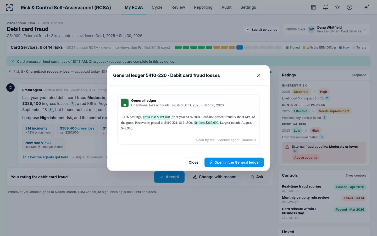 Risk & Control Self-Assessment (RCSA) — Every number opens its source record