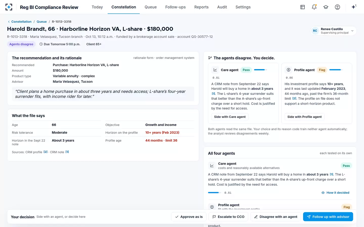 Reg BI Compliance Review — When agents disagree