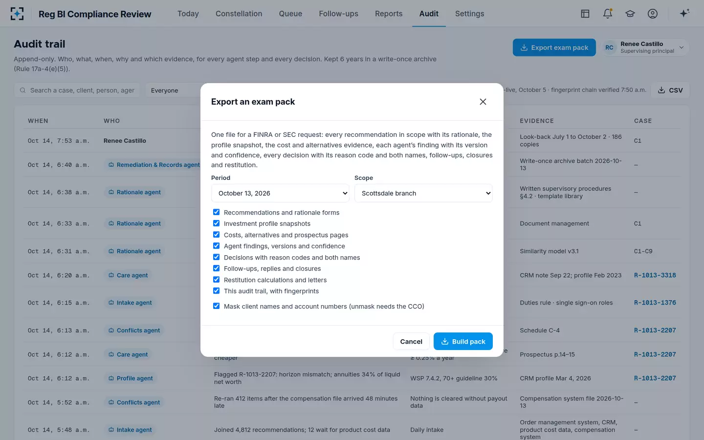 Reg BI Compliance Review — Audit trail and exam pack