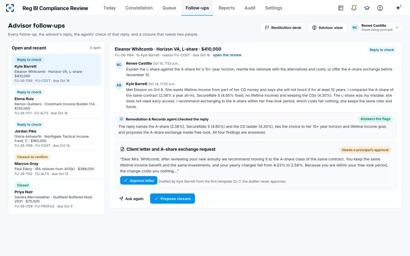 Reg BI Compliance Review — Advisor follow-ups