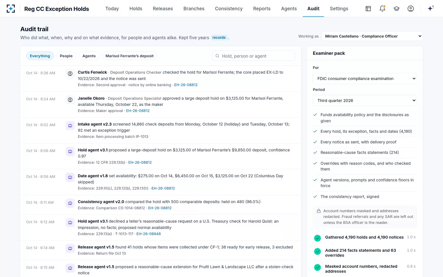 Reg CC Exception Holds — The audit trail, and an examiner pack built in a minute