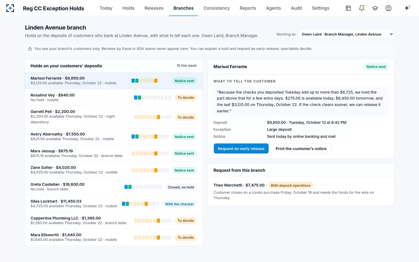 Reg CC Exception Holds — The branch view: what to tell each customer, and a way to ask