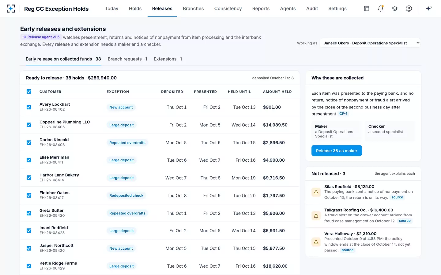 Reg CC Exception Holds — Early release on collected funds, in bulk, with a maker and a checker