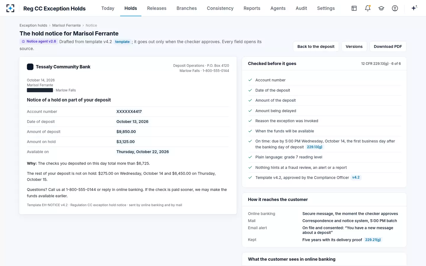 Reg CC Exception Holds — The Reg CC hold notice as it will print, checked against the rule