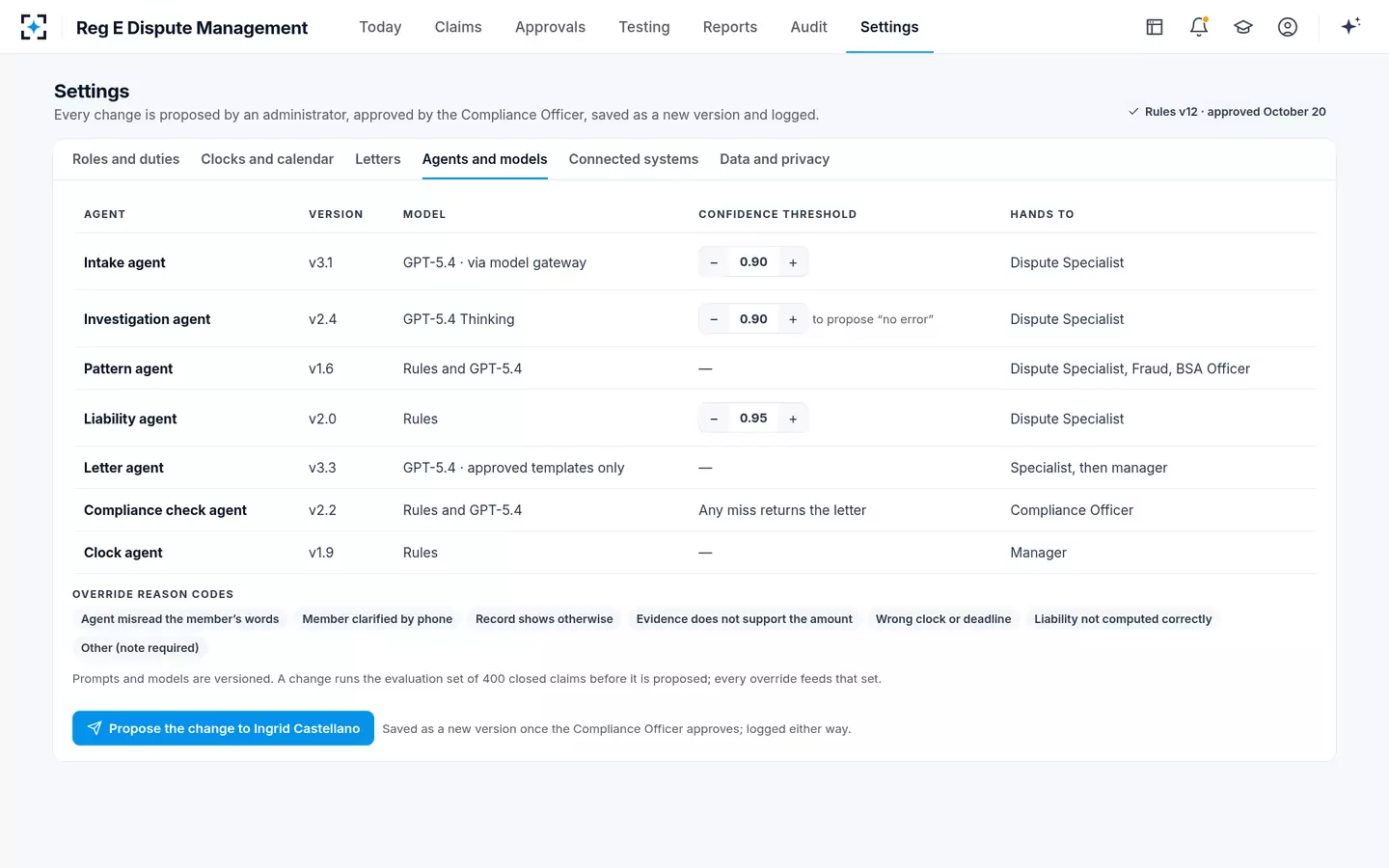 Reg E Dispute Management — Agents with versions, thresholds and reason codes