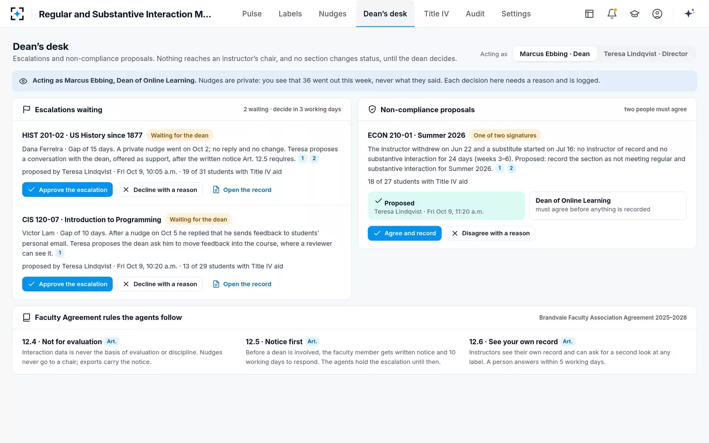Regular and Substantive Interaction Monitoring — Escalation and status changes wait for the dean