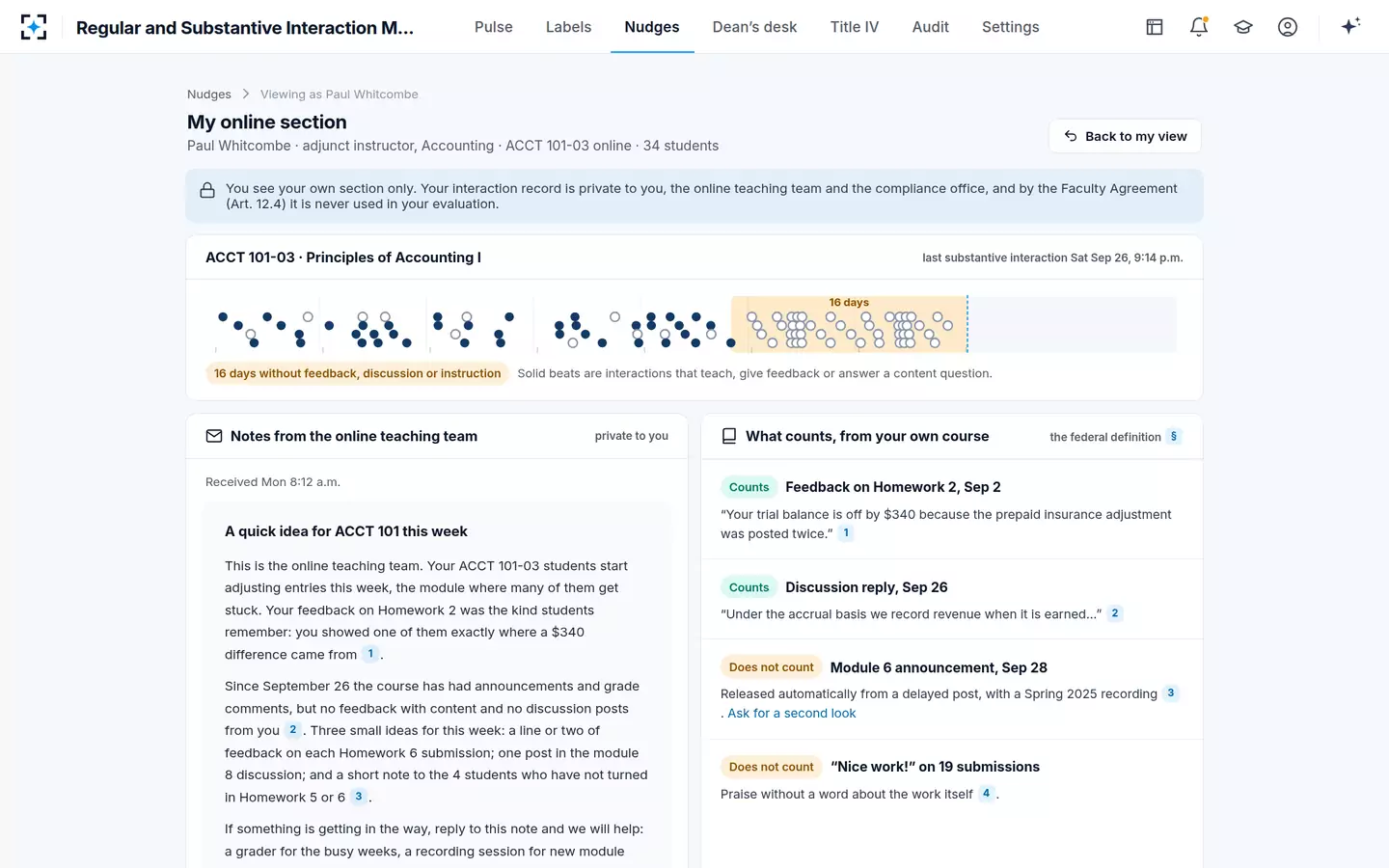 Regular and Substantive Interaction Monitoring — Regular and substantive interaction examples, from the instructor's own course