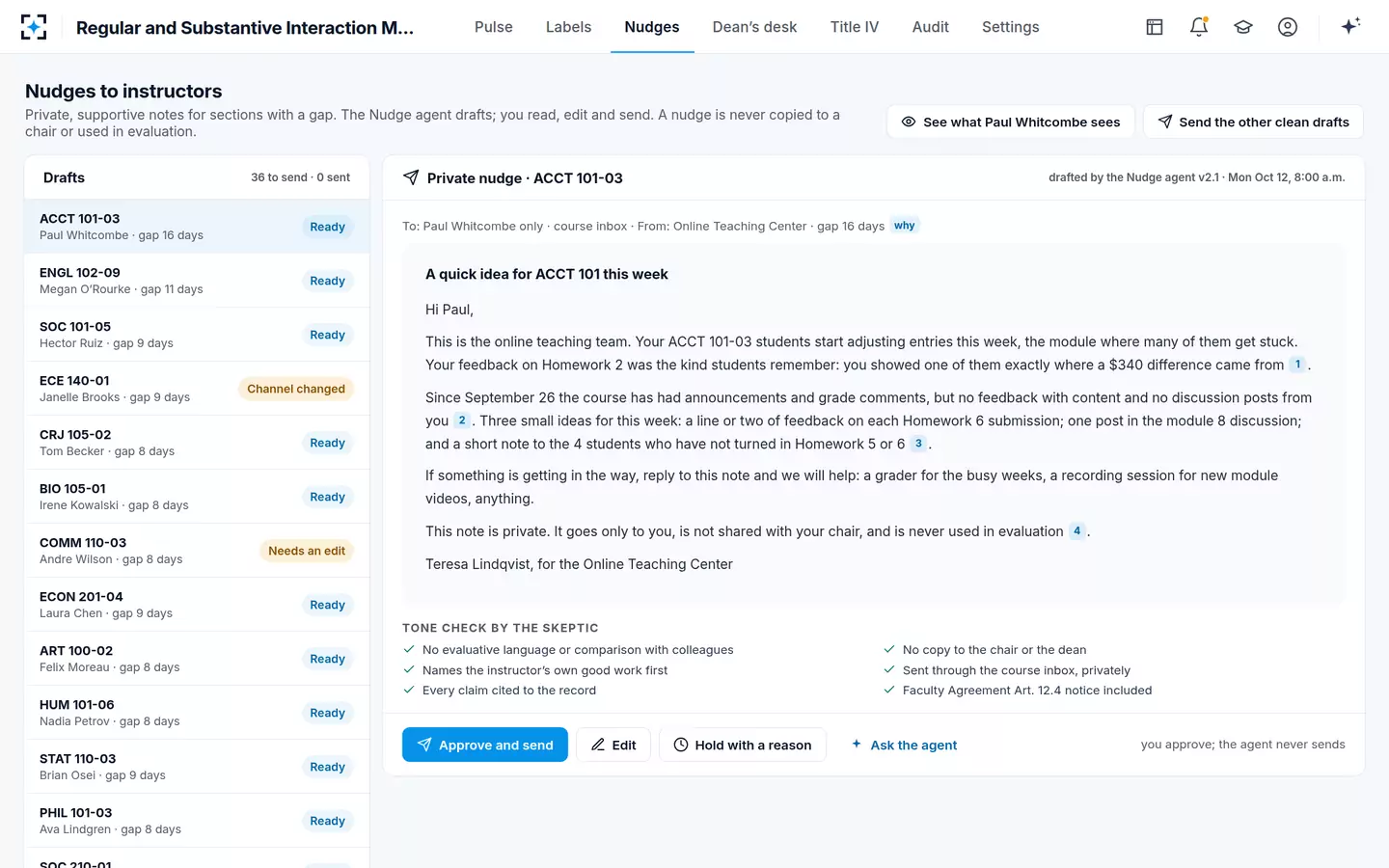 Regular and Substantive Interaction Monitoring — A private, supportive note, drafted for the compliance director to send