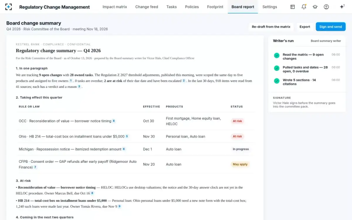 Regulatory Change Management — The board change summary