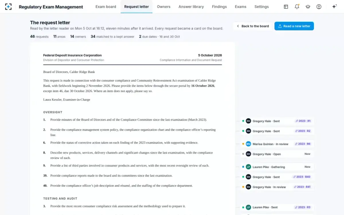 Regulatory Exam Management — The request letter