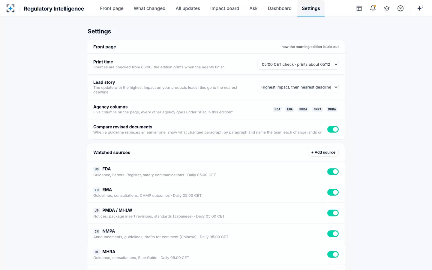 Regulatory Intelligence — Your settings