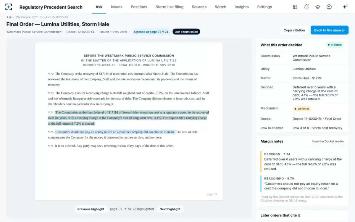 Regulatory Precedent Search — The order at the page