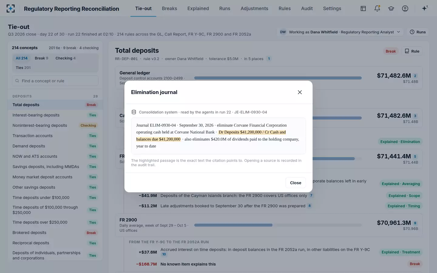 Regulatory Reporting Reconciliation — Every value opens its source passage