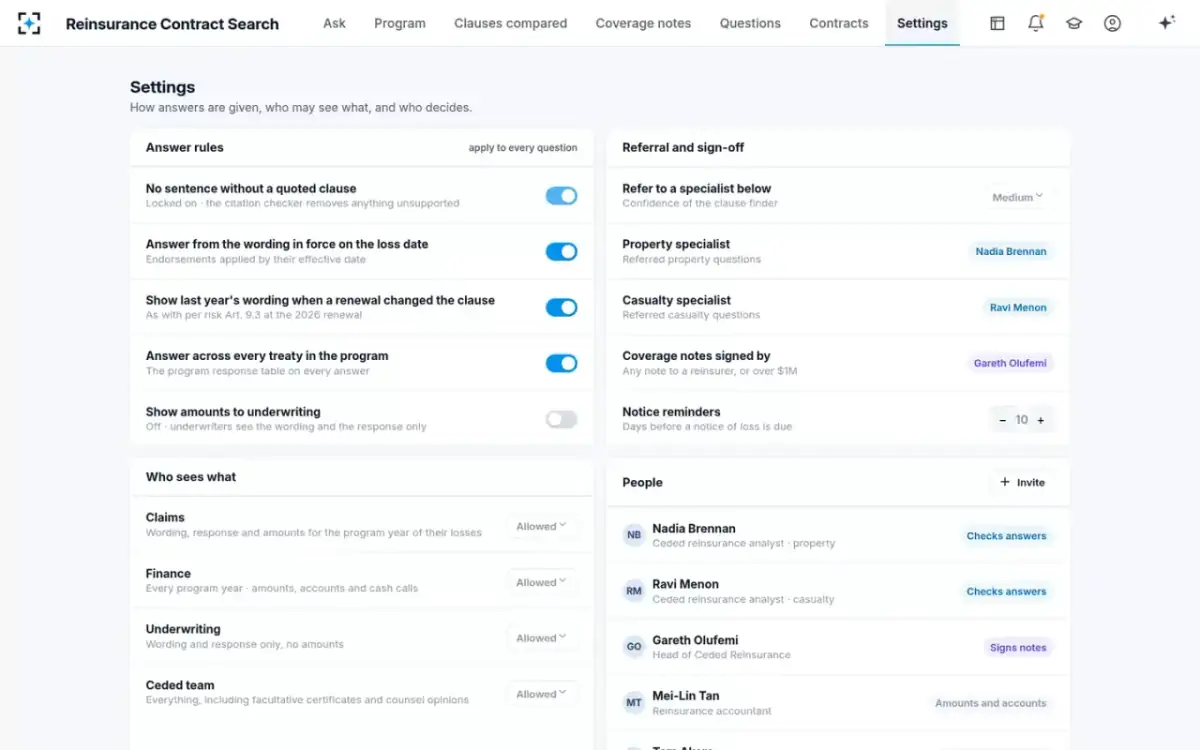 Reinsurance Contract Search — Settings