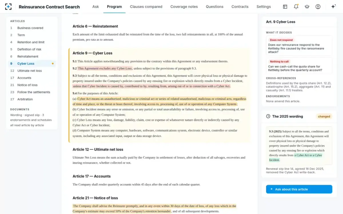 Reinsurance Contract Search — The treaty, opened at the clause