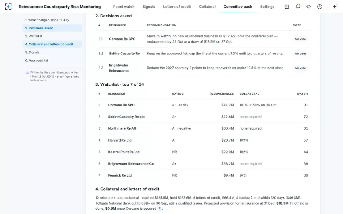 Reinsurance Counterparty Risk Monitoring — Security committee pack