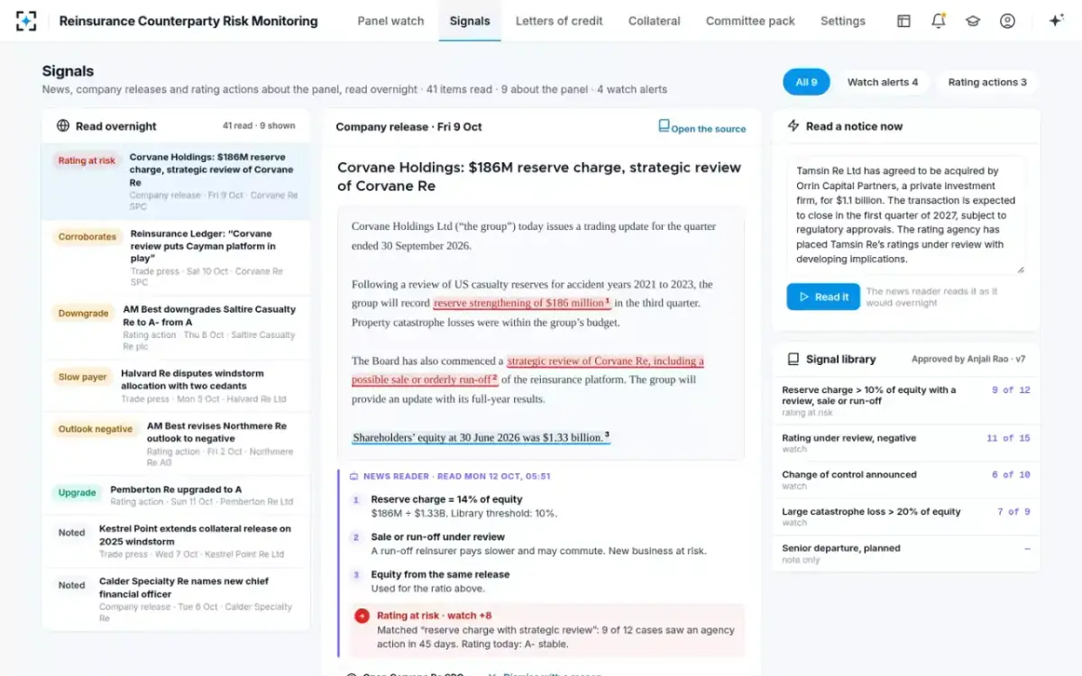 Reinsurance Counterparty Risk Monitoring — Signals