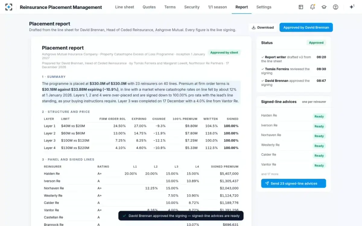 Reinsurance Placement Management — The placement report, approved