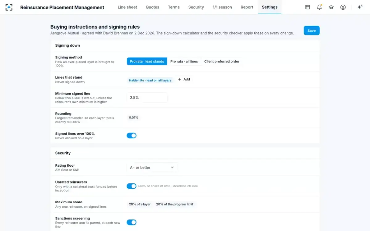 Reinsurance Placement Management — Buying instructions and signing rules