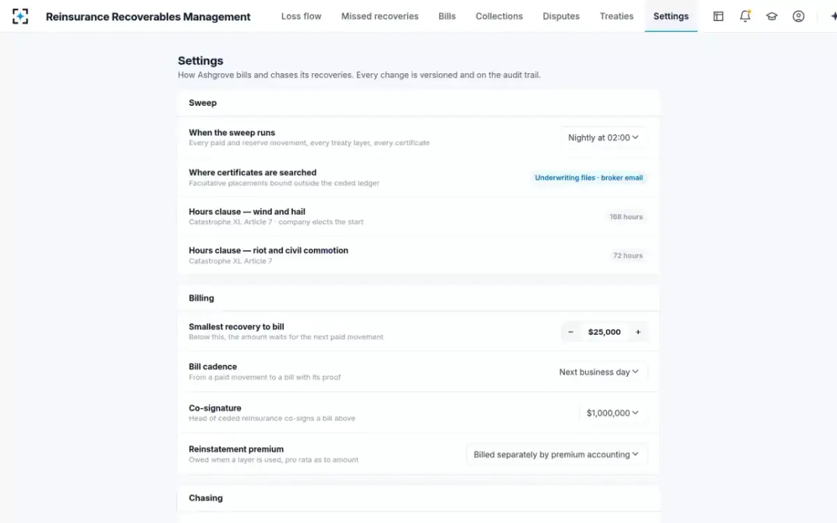 Reinsurance Recoverables Management — Settings
