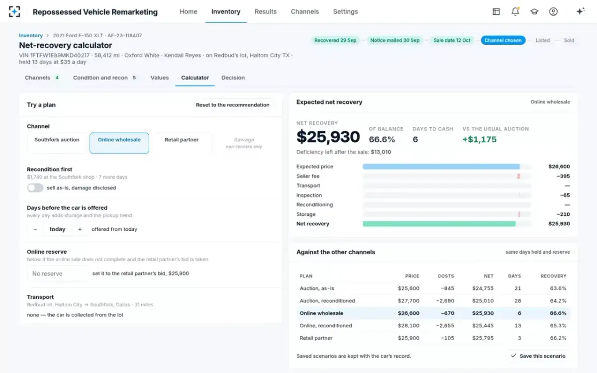 Repossessed Vehicle Remarketing — Net-recovery calculator