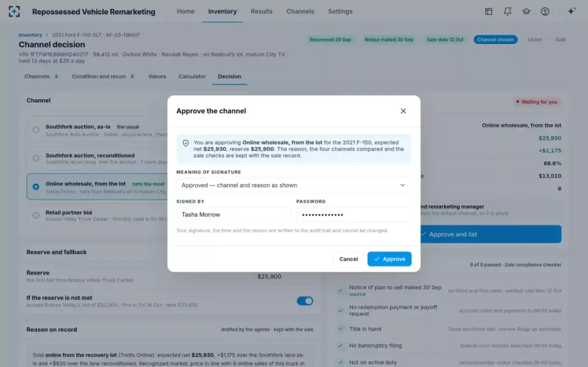 Repossessed Vehicle Remarketing — Approve the channel