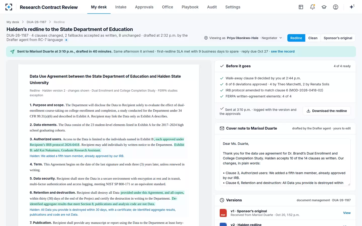 Research Contract Review — The contract redline sent the same afternoon, every deviation approved
