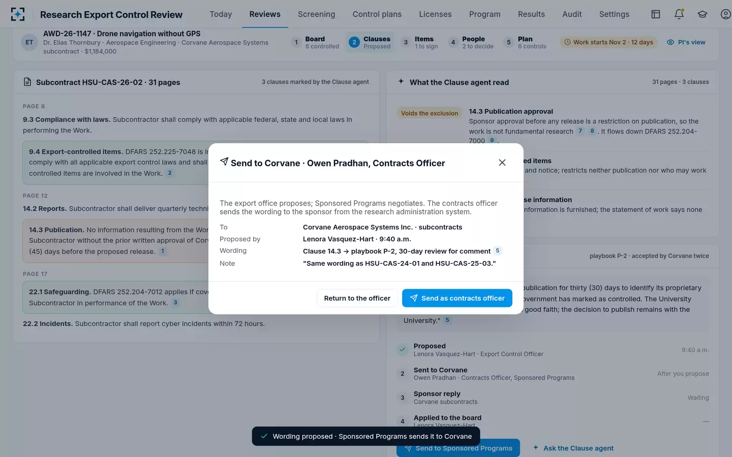 Research Export Control Review — Replacement wording, sent by Sponsored Programs