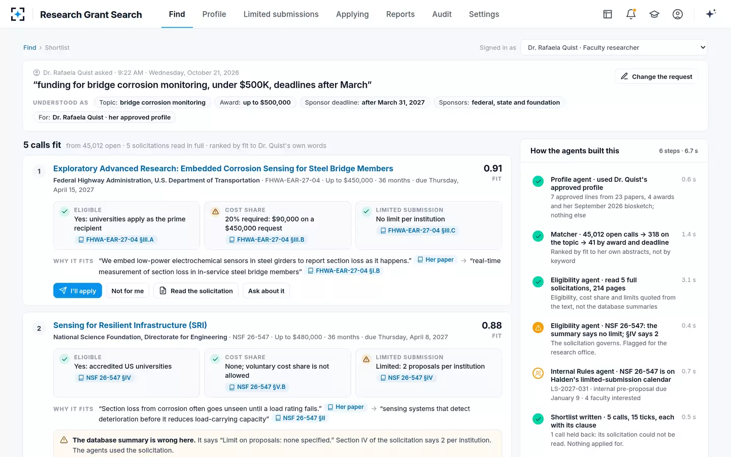 Research Grant Search — Five funding calls from one plain request, every tick cited to the solicitation