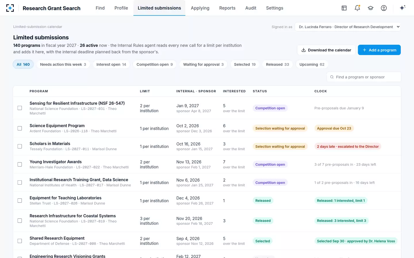 Research Grant Search — Every limited-submission program on one calendar, with clocks