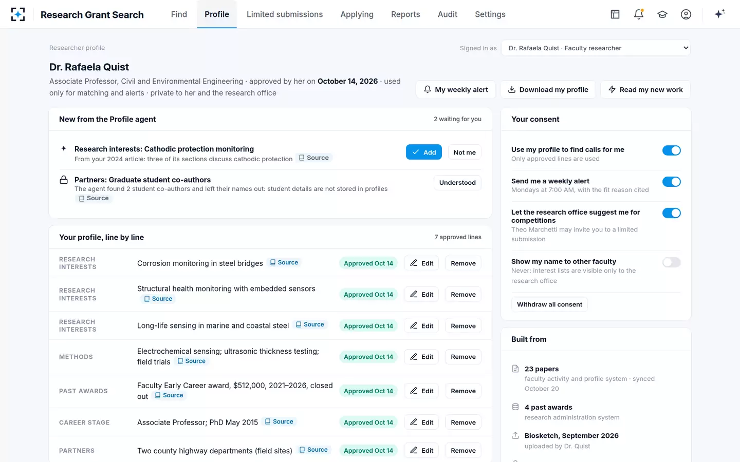 Research Grant Search — A researcher profile built from her own work, approved line by line