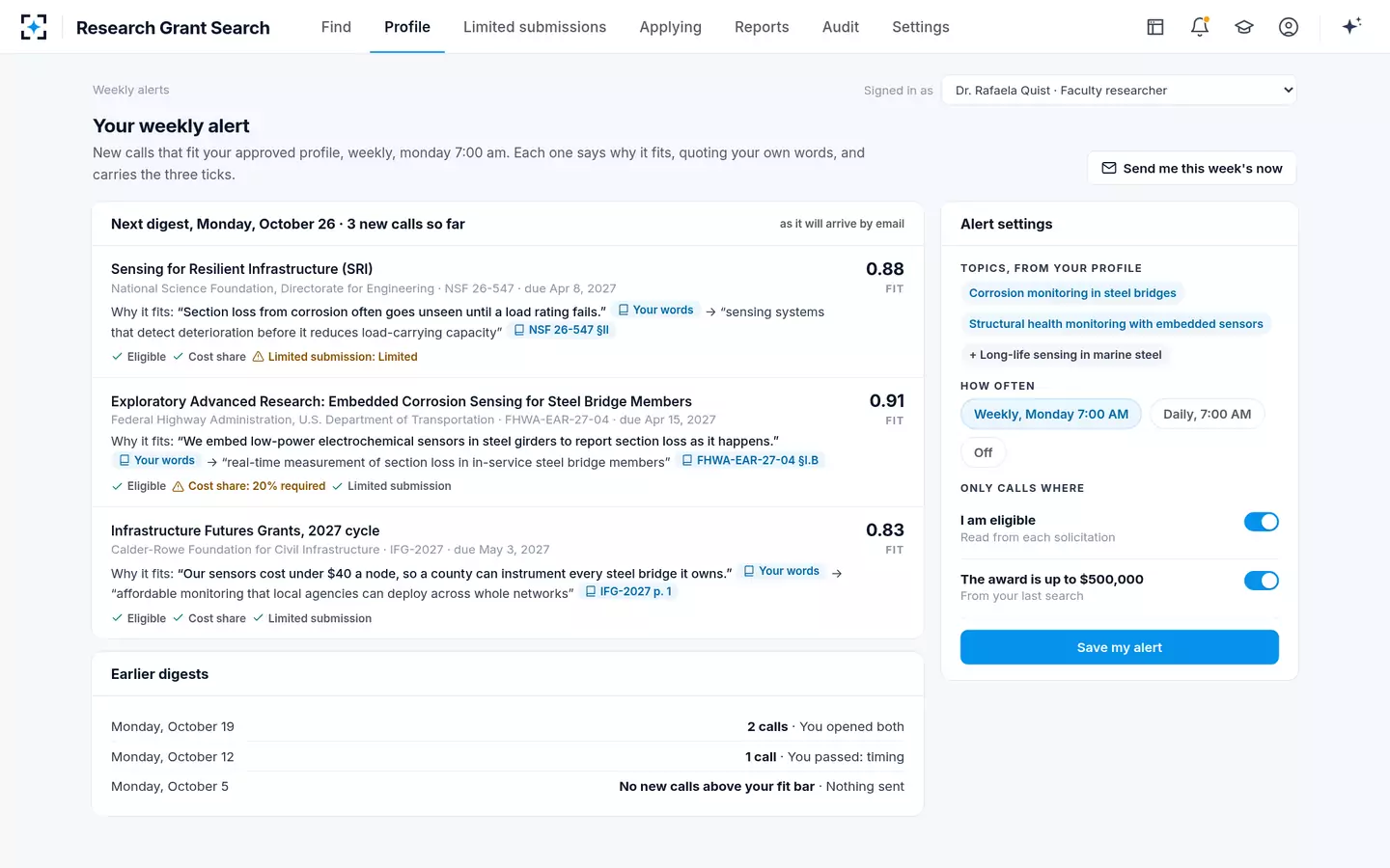 Research Grant Search — A weekly grant alert that says why each call fits