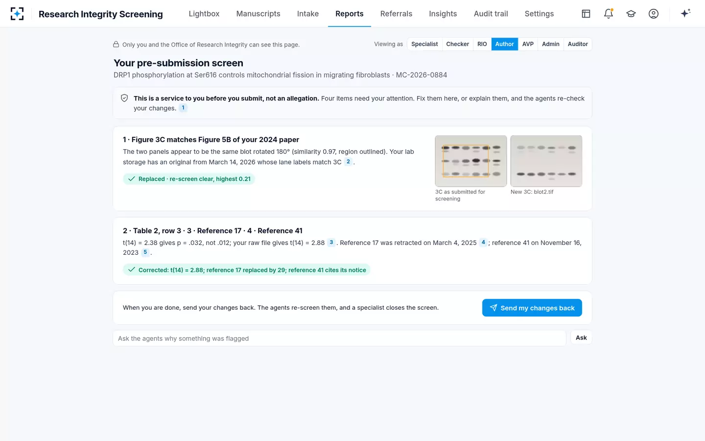 Research Integrity Screening — The author fixes it in one click