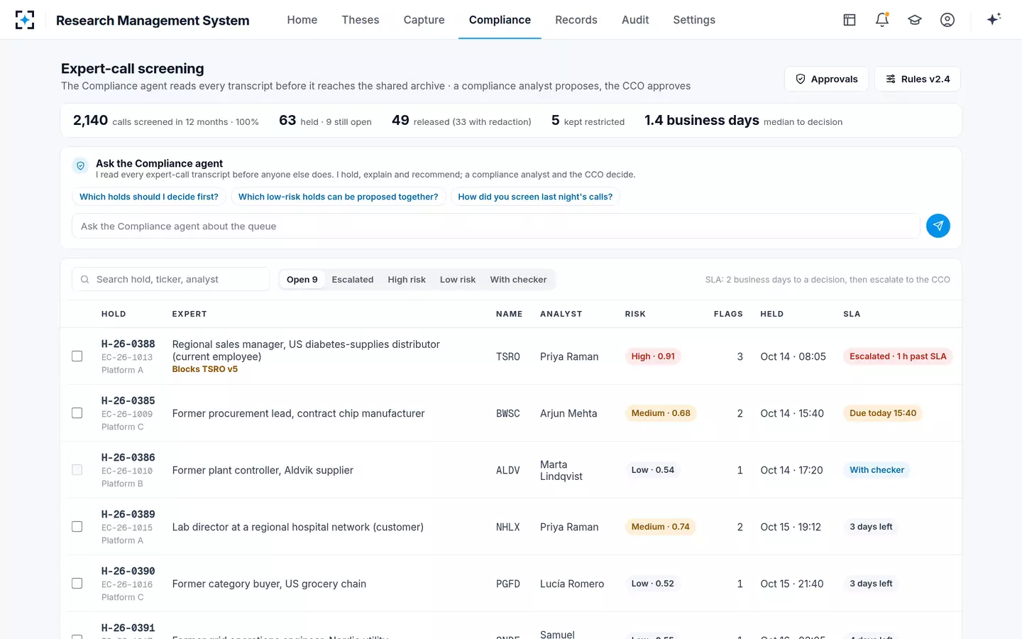 Research Management System — Expert-call screening