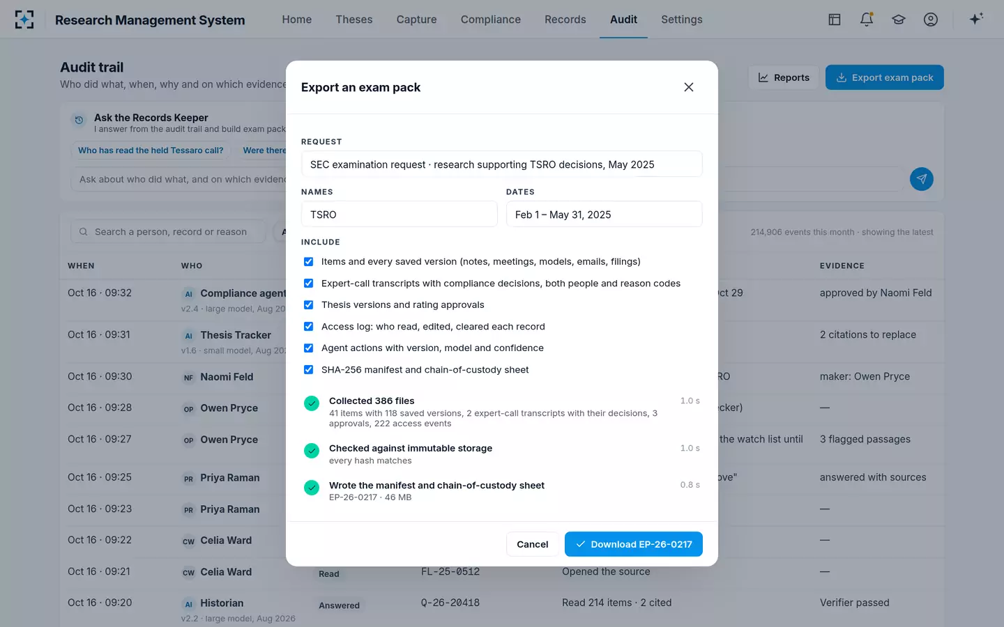 Research Management System — Exam pack export