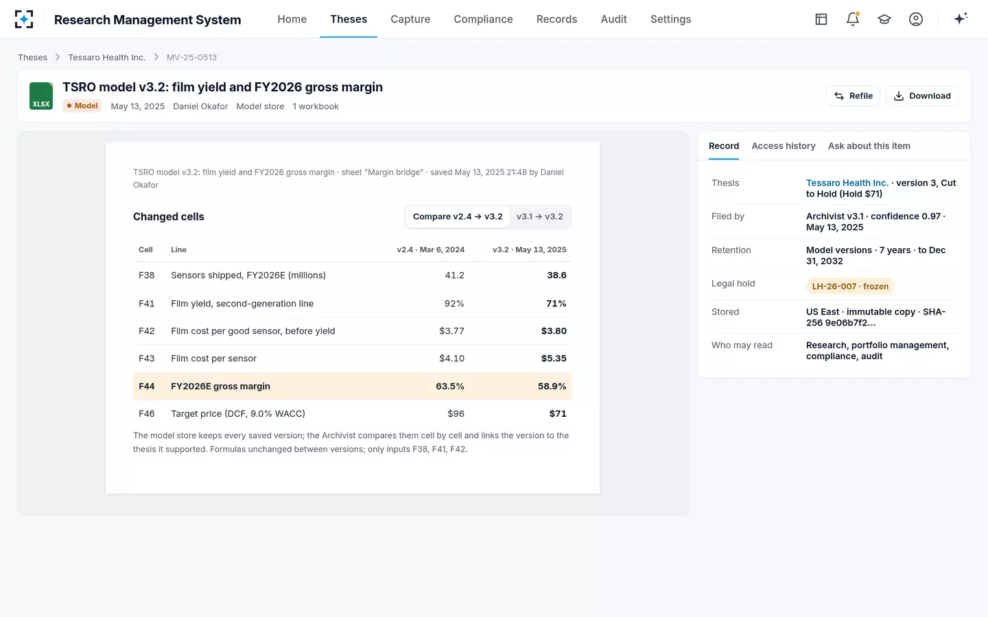 Research Management System — Model versions, cell by cell