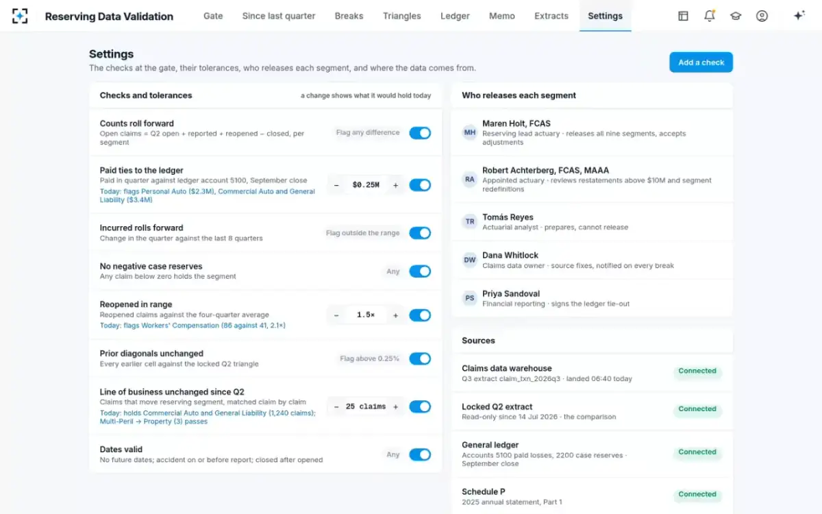 Reserving Data Validation — Settings