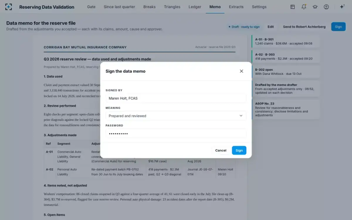 Reserving Data Validation — Signing the memo