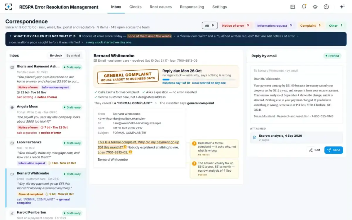 RESPA Error Resolution Management — Called a formal complaint, answered as service
