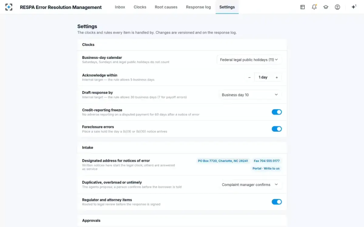 RESPA Error Resolution Management — Clocks and rules