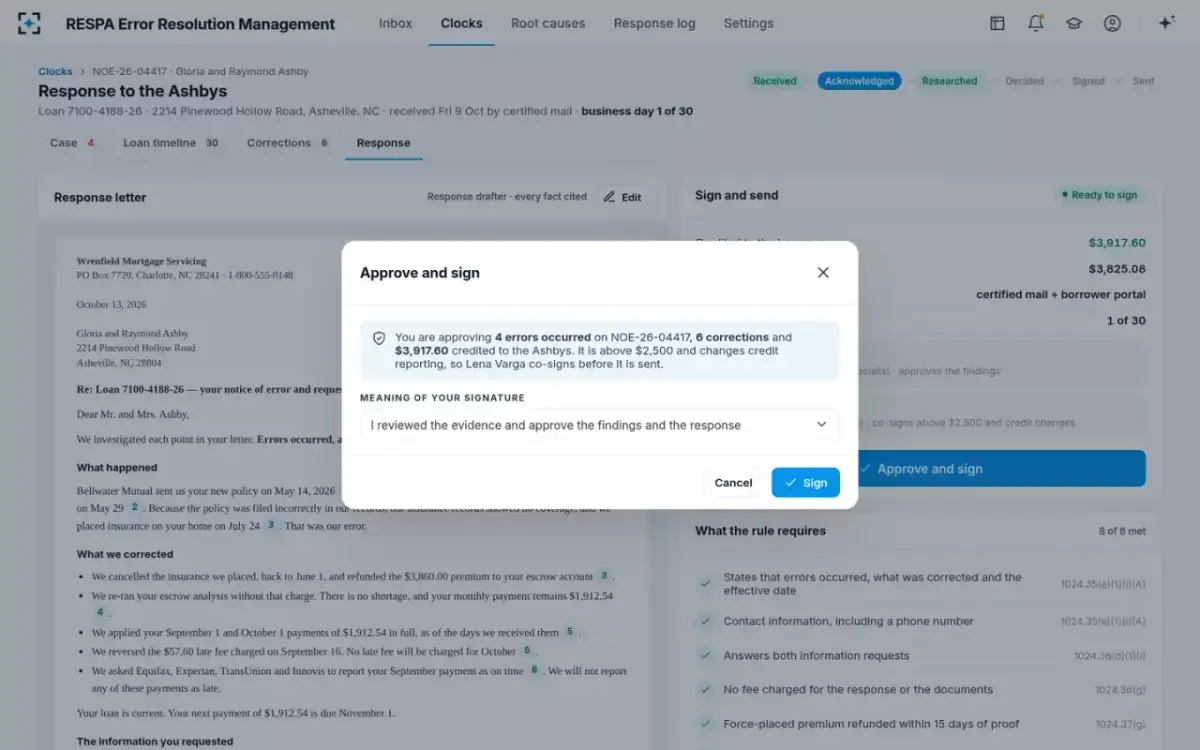 RESPA Error Resolution Management — Approve and sign