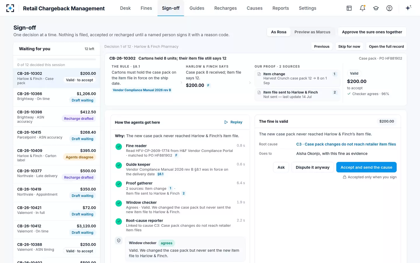 Retail Chargeback Management — Sign-off, one at a time