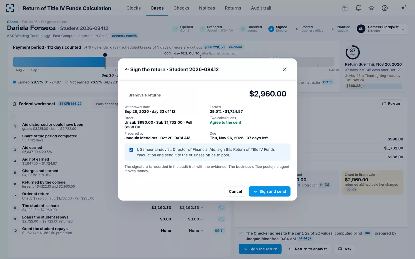 Return of Title IV Funds Calculation — The Director of Financial Aid signs the return; no agent moves money