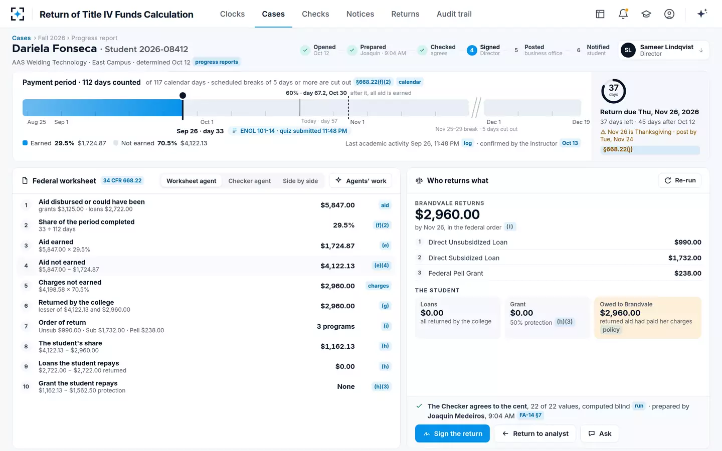 Return of Title IV Funds Calculation — An R2T4 calculation on one payment-period ruler