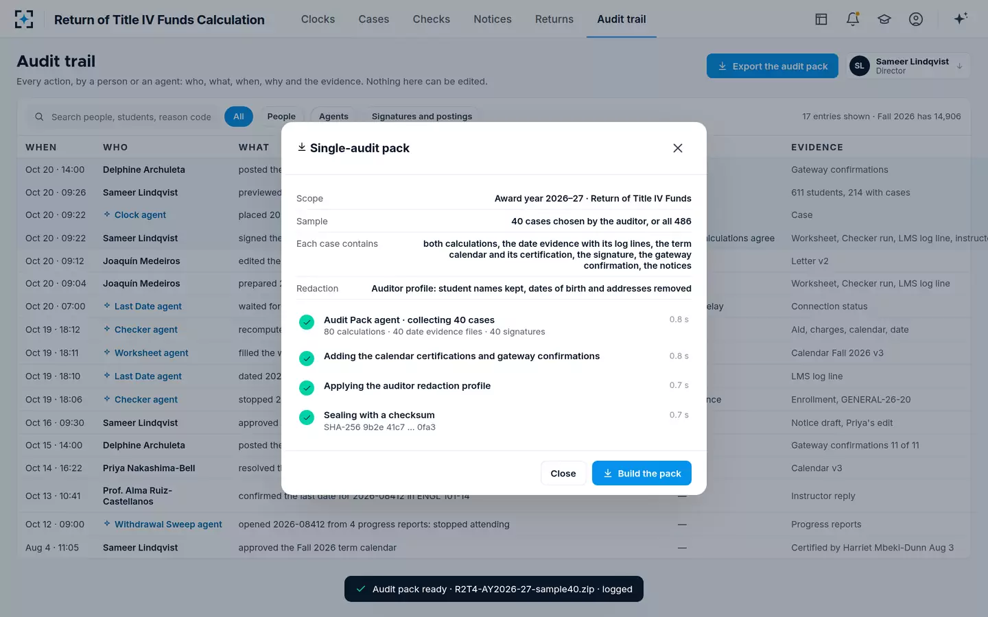 Return of Title IV Funds Calculation — A single-audit pack for R2T4, sealed with a checksum