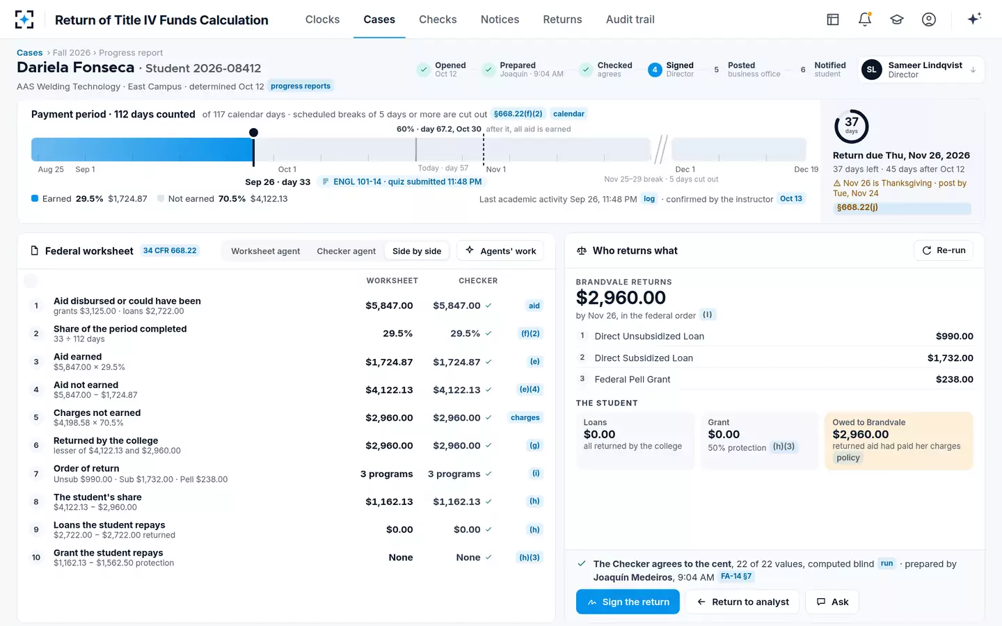 Return of Title IV Funds Calculation — Two independent R2T4 calculations that agree to the cent