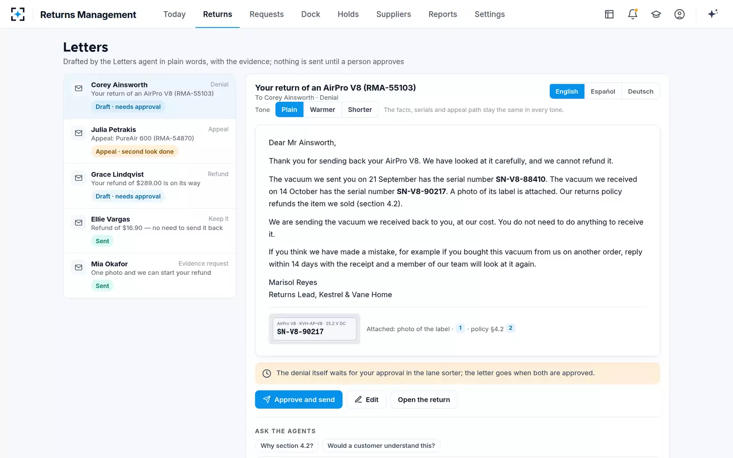 Returns Management — Letters